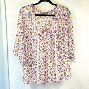 Decree sheer 3/4 sleeve floral blouse, super feminine, ruffles, tie, size XL